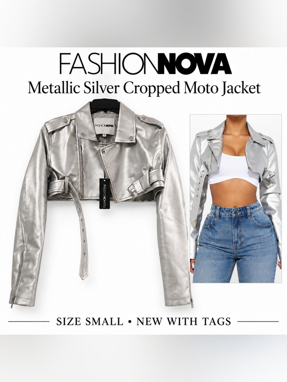 Fashion Nova Silver Cropped Moto Jacket